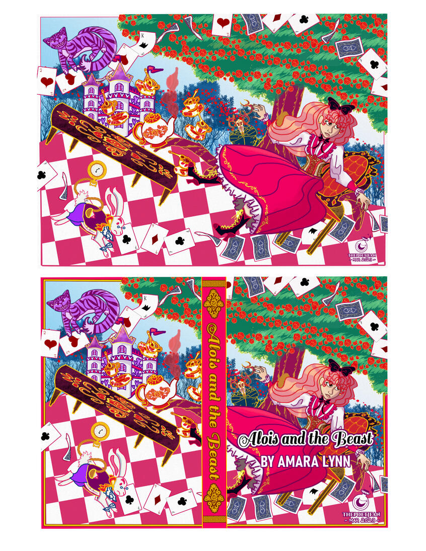 BOOK COVER FOR ALOIS AND THE BEAST BY AMARA LYNN: Brightly colored and chaotic as fits the Wonderland theme. Experiment in color, characters and compositions. MAR 2023.