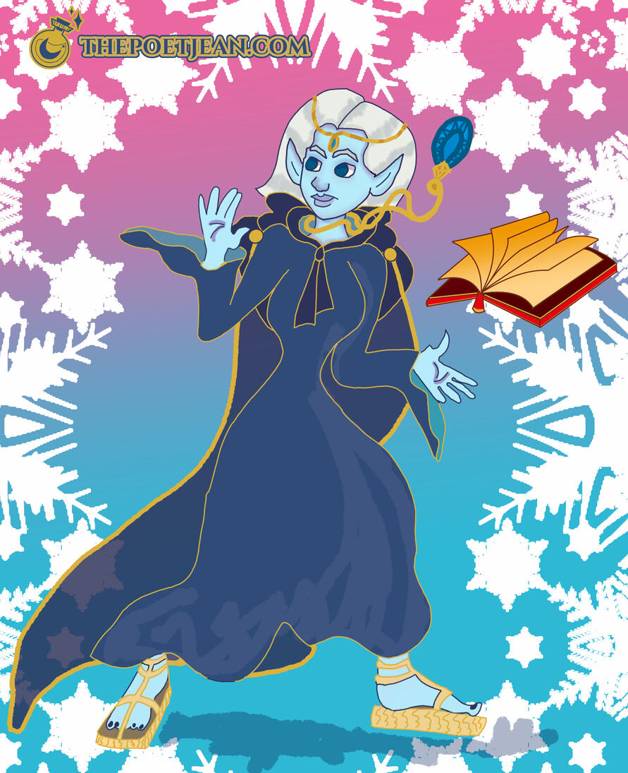 BOOKISH ICE ELF: Bookish ice elf performing bookish ice spells. DND commission. FEB 2020.