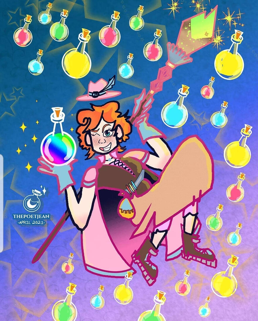 TOSS A COIN TO YOUR GINGER, OH SAPPHICS OF PLENTY!: A study in dynamic poses, color palettes and prop use of props in line of action. Fantasy-themed fanart of artist, Ginger Snaps (in her potion-maker-sona!). APR 2021.