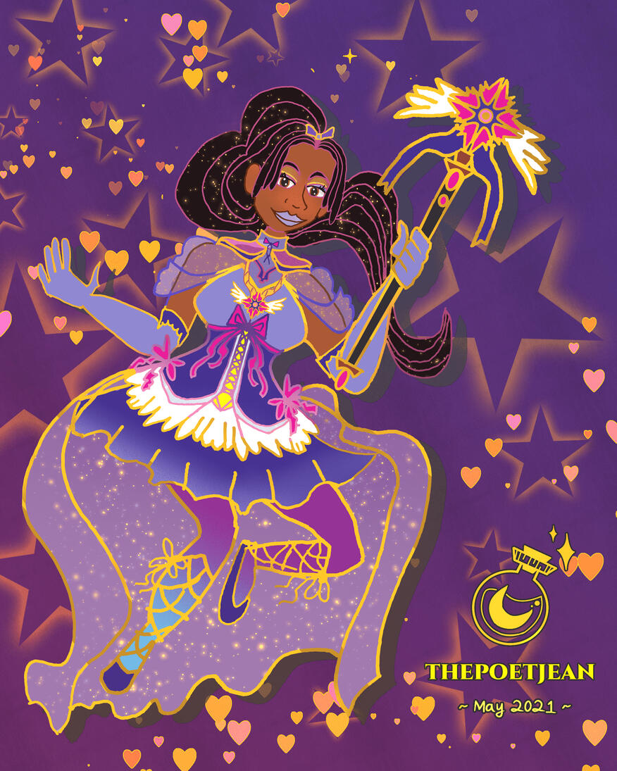 BLACK MAGICAL GIRL: Magical girl-inspired art commission. A study in dynamic poses, color palettes and prop use of props in line of action. MAY 2021.